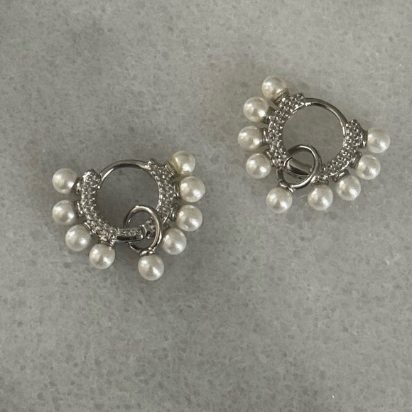 Modest Lu Jewelry - Sterling Silver Pearl Pave Dangle Huggie Hoop Earrings Brand New